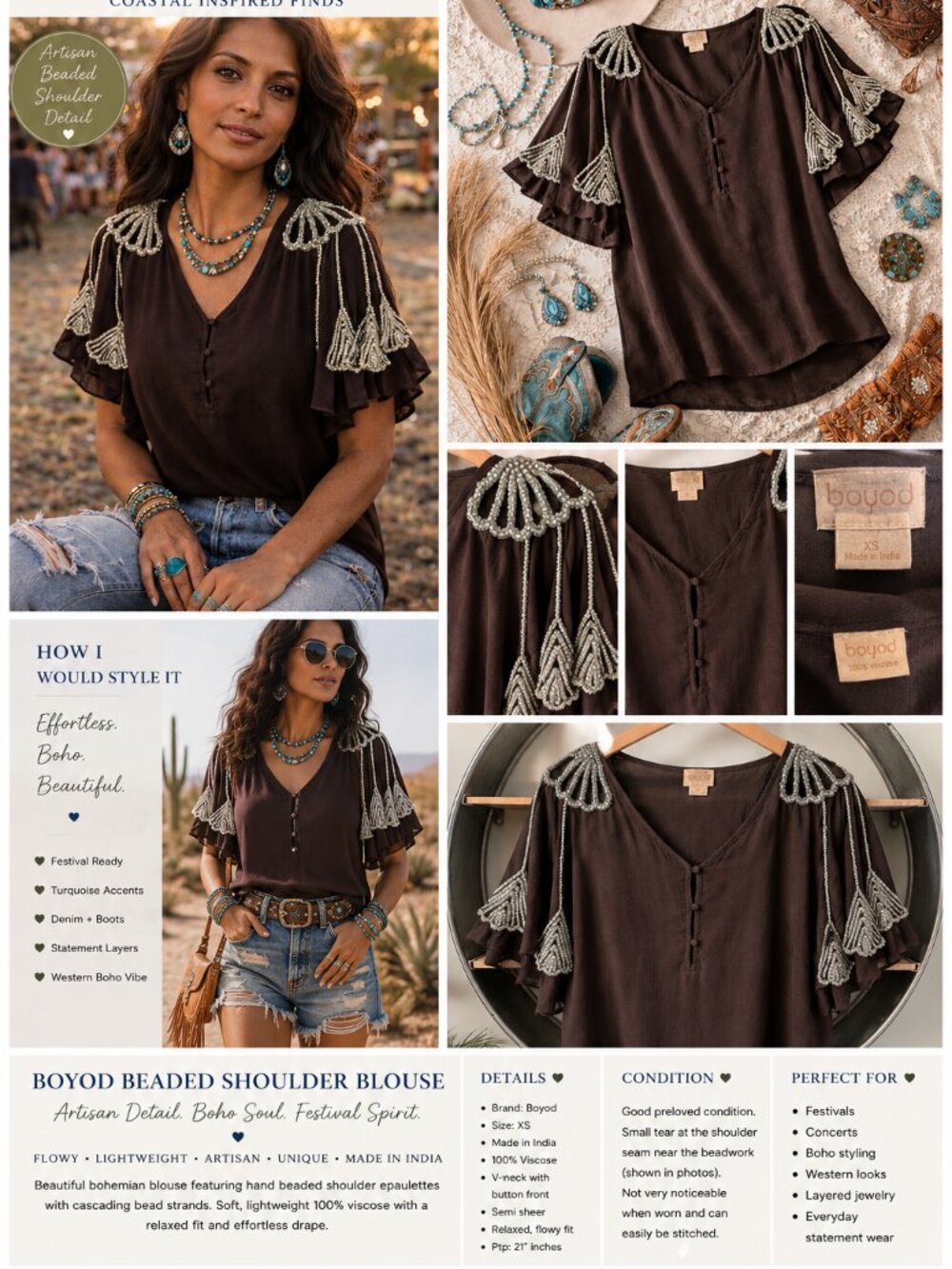 IndieLux Boutique Statement Blouse Beaded Sleeve XS